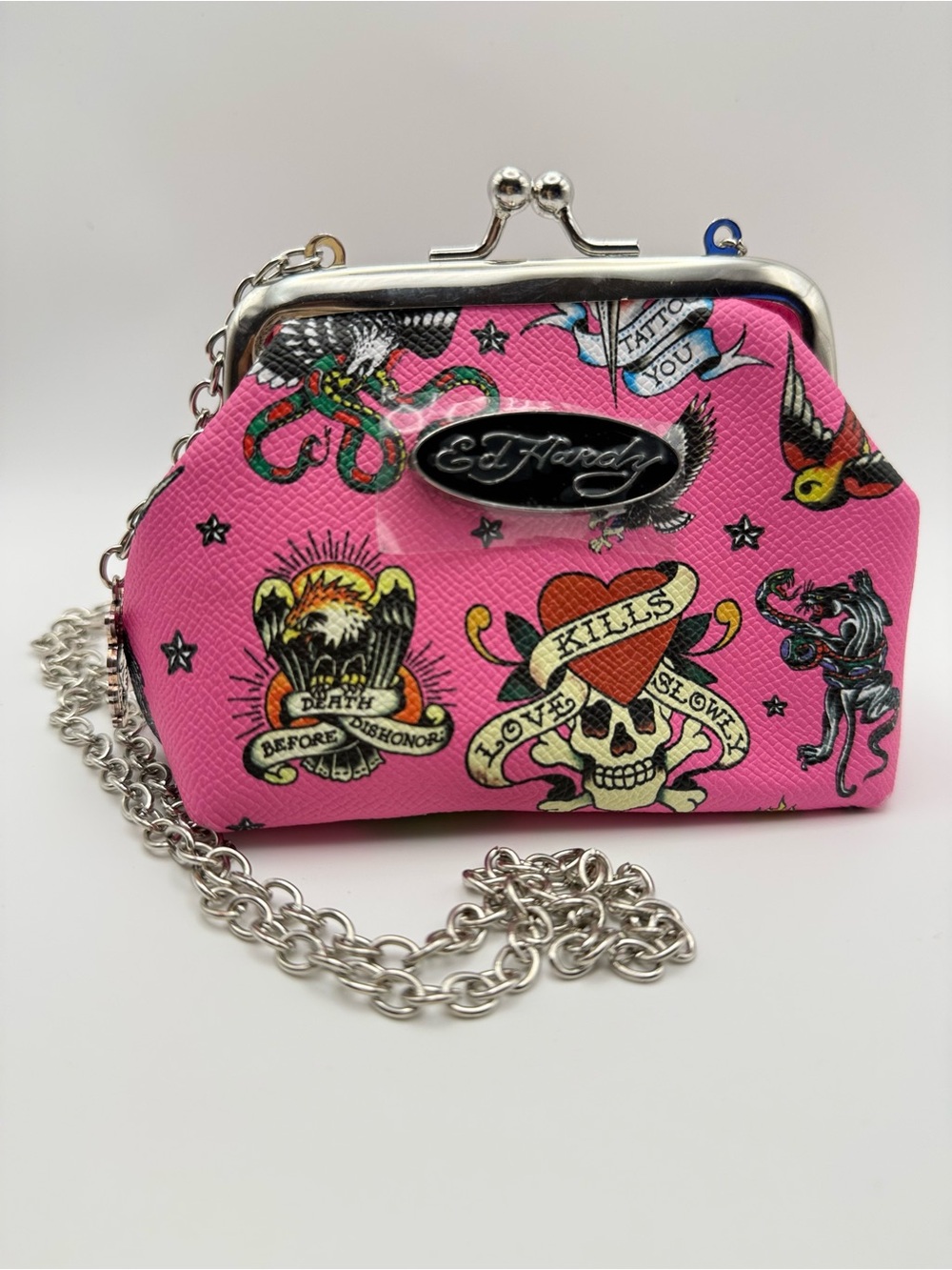 Y2K Ed Hardy Pink Tattoo-Print Kiss-Lock Chain Mini Bag